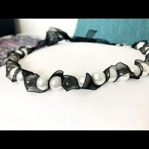 21” Faux Pearl & Black Ribbon Necklace